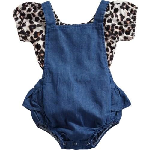 Baby Girls Clothes Set Leopard Print Short Sleeve O-neck Tops + Solid Color Suspender Romper