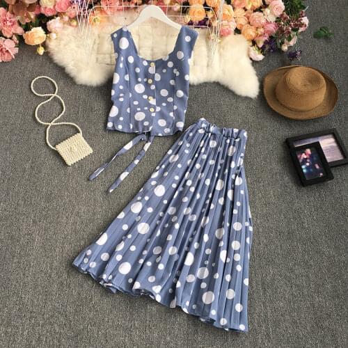 Square Neck Lace Up Short Blouse Sleeveless Printed Crop Tops Two Piece Female High Waist Polka Dot Skirt Pleated Outfit zh1356