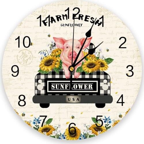 Farm Fresh Sunflower Pig Vintage Letter Background Wall Clock Modern Design Hanging Watch for Home Decoration Living Room