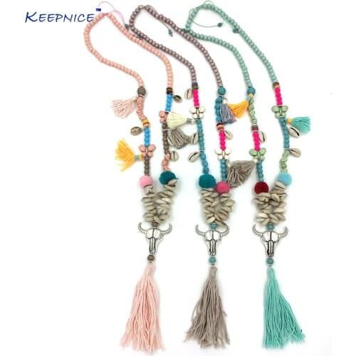 New Boho Tibet Antique Silver Tauren Pendant Necklace Pink Cotton Tassel Beaded Chain Necklace Tassel Charm Taurus Necklace