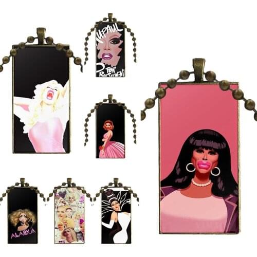 For Men Women Gift Vintage Jewelry Bronze Plated With Glass Cabochon Choker Long Pendant Rectangle Necklace Alaska Drag Fan Art