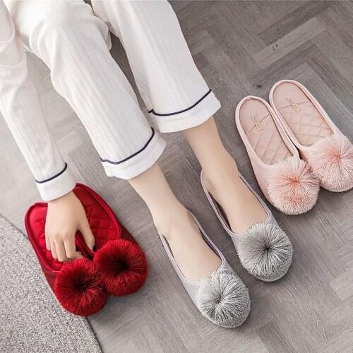 Elegant Women House Slippers Tassel-ball Pom-Pom Home Bedroom Flat Shoes Non-slip Solid Indoor Ladies Slides Mules