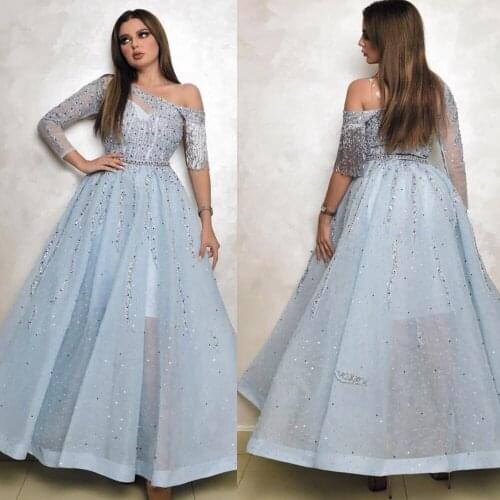 SuperKimJo Vestido De Festa Blue Prom Dresses Long Sleeve Beaded Crystals Elegant Luxury Arabic Prom Gown Robe De Soiree