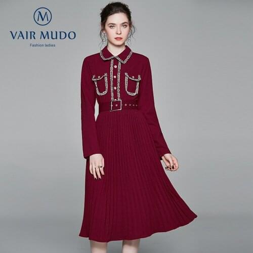 VAIR MUDO Red Dress Womens Long Sleeves 2021 Spring Style Light Mature Temperament Waist Lapel Mid-Length Pleated SkirtY-139