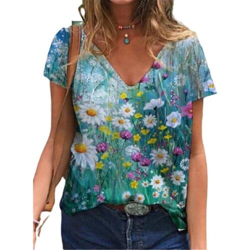 3XL Casual Summer T Shirt Women 2021 New Short Sleeve V-Neck Loose Oversized Tops Streetwear Ladies Floral Printed Tee Clothes