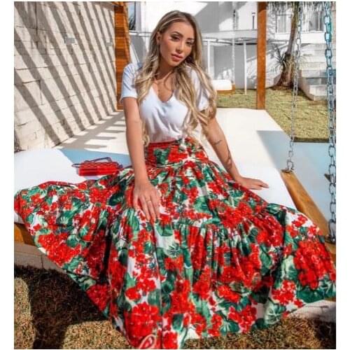 Customie Made Women Summer Fashion Casual Plus size 3XS-10XL Maxi Long Lily Flower Print A Line Skirt