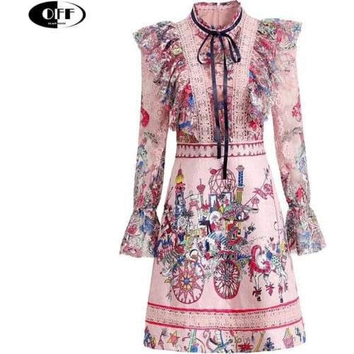 Runway Autumn Dresses Women Bow tie Long Sleeve Print Elegant Lace Patchwork Embroidery Vintage Party Pink Mini Dress Vestidos
