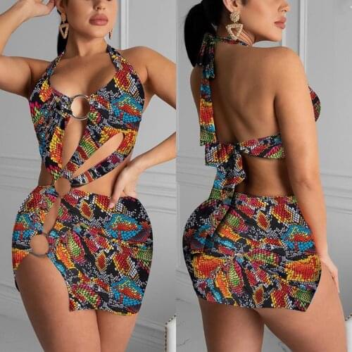 Women Swimming Halter Dress with Colorful Tie-dye Printing,Sexy Printed Underwire Hollow Ring Decoration Summer Clothing