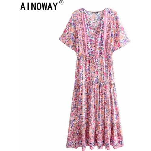 Vintage chic women pink Floral print sleeve beach Bohemian rayon maxi dresses Ladies V neck botton Tassel Boho dress vestidos