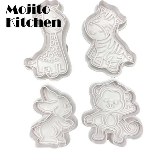 4Pcs Cartoon Animal Robot Cookie Press Stamp Embosser Cutter Fondant Mould Cake Baking Molds Tools Round Cutter Stencil Cookies