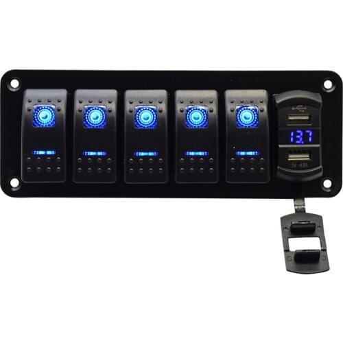 5 Gang Rocker Switch Panel - 5 Pin ON Off Toggle Switch with Blue LED Backlit Wiring Harness for Boat Car Marine ATV UTV