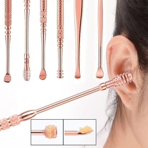 6pcs/set Ear Wax Pickers Stainless Steel Ears Cleaning Spoon Earpick Wax Remover Curette Care Tool With Box