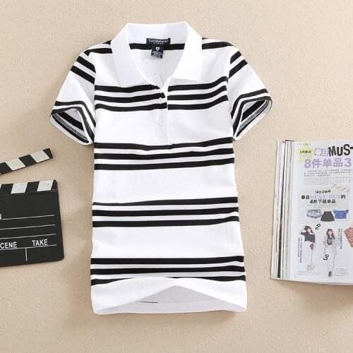 Baharcelin Woman Girl Summer Shirt Tops Tees Turn Down Collar Short Sleeve Cotton Tees Female Tops Mujer embroidery Striped Tops