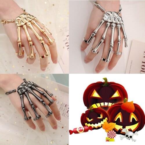 Punk Skull Couple Halloween Ring Bracelet Five Fingers Gothic Skull Elastic Adjustable Bracelet Mens and Womens Jewelry