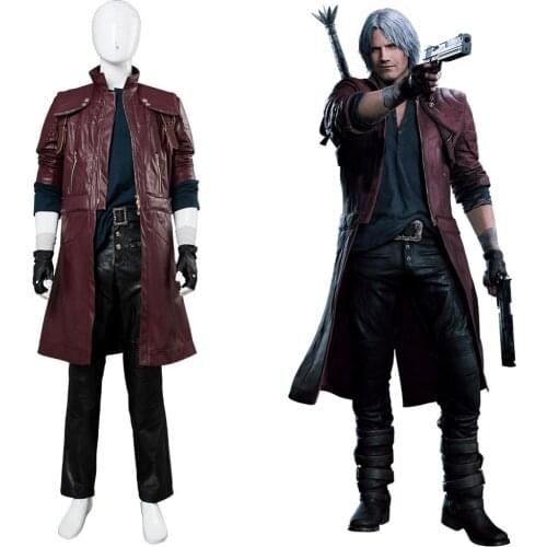 DMC 5 Dante Cosplay Leather Coat Jacket Outfit Aged Dante Costume Uniform Adult Men Women Halloween Carnival Costumes
