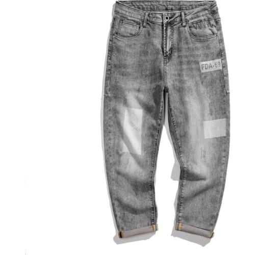 Jeans for Men 2021 Summer Stretch Grey Mens Cropped Trousers Harem Pants Casual Streetwear Patchwork Jeans Man Pantalon Homme