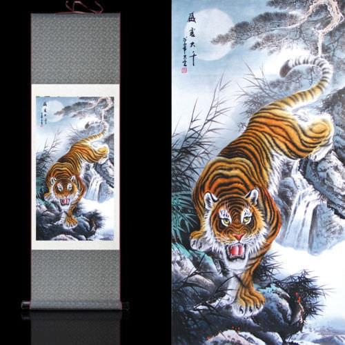 Chinese Style Silk Painting Artwork Hang A Picture Scroll Painting Tiger Mighty Tiger Downhill