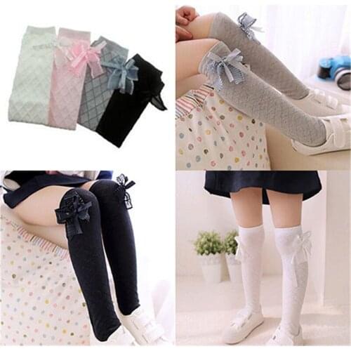 Girl Classic Kids Cotton Tights School High Knee Gridding Bow Stockings