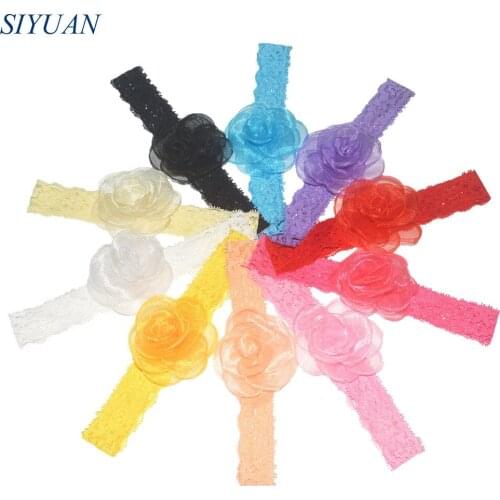 Bulk Price 50pcs/lot Stretchy Lace Headband with Burned 3D Transparent Silk Mesh Flower DIY Baptism Headwear 21 Colors FD257