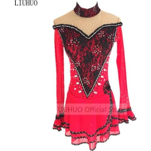 High end customized children, ladies, adult figure skating costume, Skating Skirt, match dress,red black lace diamond decoration
