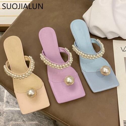 SUOJIALUN Fashion Elegant Women Slippers String Bead High Quality Ladies Sandal Square Toe Femme Low Heel Party Dress Shoes