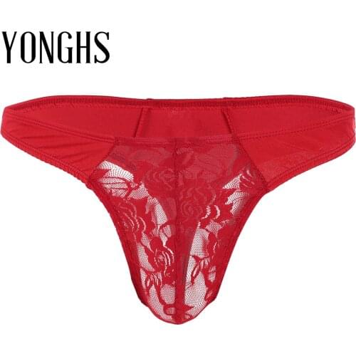 Mens Erotic Lingerie Underwear Low Rise Lace Floral Sexy Panties Bulge Pouch G-string Bikini Underwear Underpants