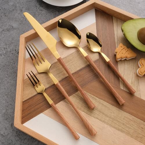 30Pcs Stainless Steel Cutlery Set Dinnerware Imitation wood Handle Knife Coffee Spoon Fork Dinner Western Tableware Silverware