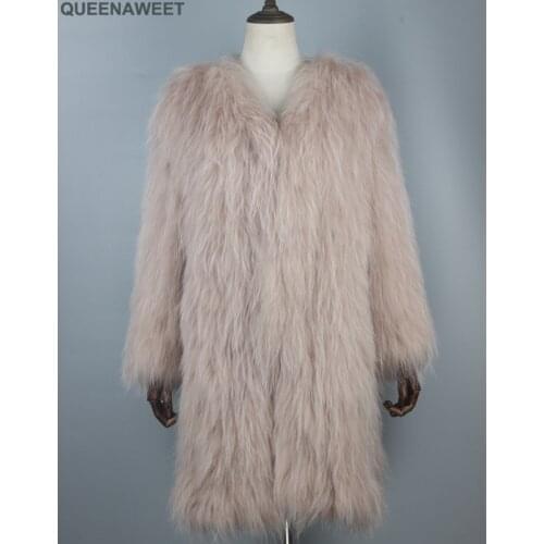New Arrival X-Long Real Raccoon Fur Coat With Pocket Full Sleeve Outerwaer Knit Raccoon Fur Jacket Women Overcoat