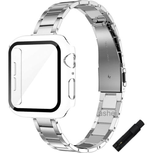 For apple watch 44mm 40mm band + case Built-in Tempered Glass Screen Protector for iwatch se 6 5 4 3 42mm 38mm thin strap + case