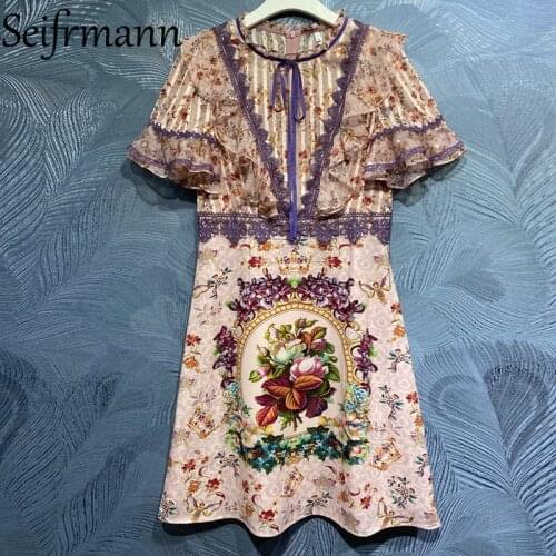 Seifrmann New 2021 Summer Women Fashion Designer Party Mini Dress Flare Sleeve Ruffles Lace High Waist Floral Printed Dresses