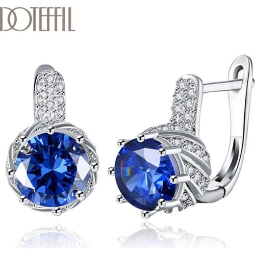 DOTEFFIL 925 Sterling Silver/18K Gold Round AAA Zircon White/Blue/Purple Earrings For Women Jewelry Fashion Wedding Party Gift