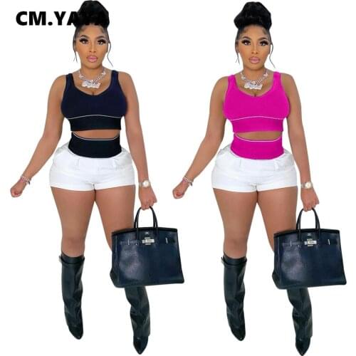 CM.YAYA Sport Patchwork Womens Tracksuit Shorts Set with Tank Tops Matching Two 2 Piece Set Outfits Summer Active Sweatsuit