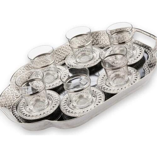Turkish Moroccan Tea Glasses Cups Saucers Set of 6 with Tray Glassware Vintage (Silver)