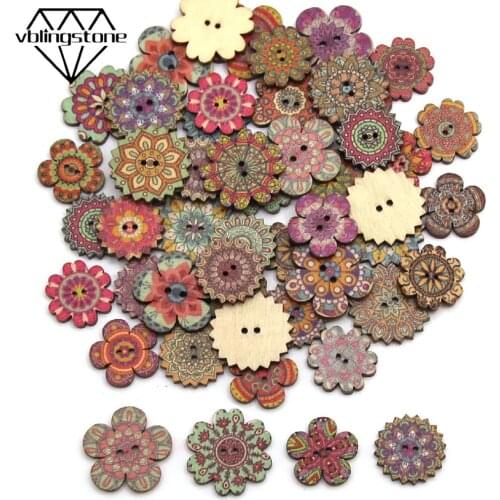 50pcs Vintage Button Painted Flower Shape Wooden Buttons 2-Holes Sew Button For Clothes DIY Gift Card Scrapbooking Crafts20-25mm