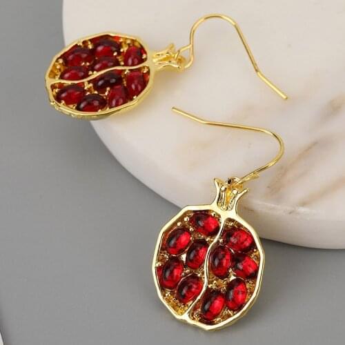 Vintage Fruit Fresh Red Garnet Earrings Pendant Necklace Gold Color Resin Stone Pomegranate Jewelry Gift For Women Gifts