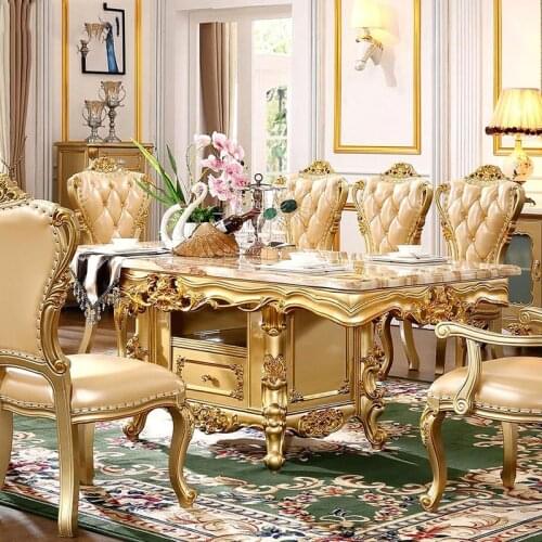 High quality European modern dining table set one table with 8 chairs retangle marble dining yff006