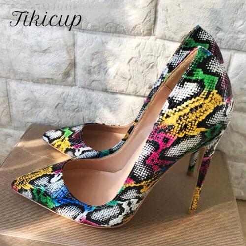 Tikicup Sexy Snake Patern Embossed Women Pointed Toe High Heels Lady Stiletto Pumps Chic Designer Shoes Plus Size 42 43 44 45