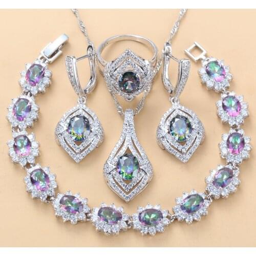 Mystic Natural Rainbow Zircon Silver Color 4PCS Jewelry Sets For Women Fashion Dinner Party Wedding Jewelry