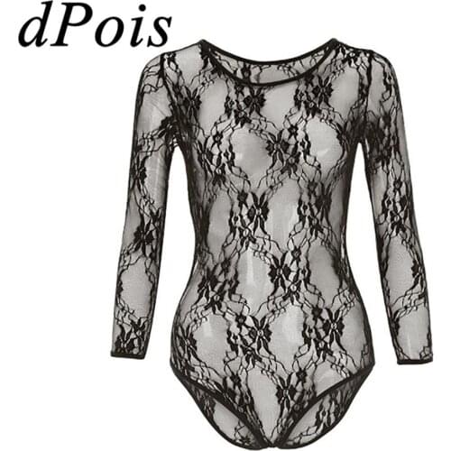 Womens Adults Sexy Lace Bodysuit See Through Floral Lace Sheer Lingerie Long Sleeves One-piece High Cut Leotard Female Bodysuits