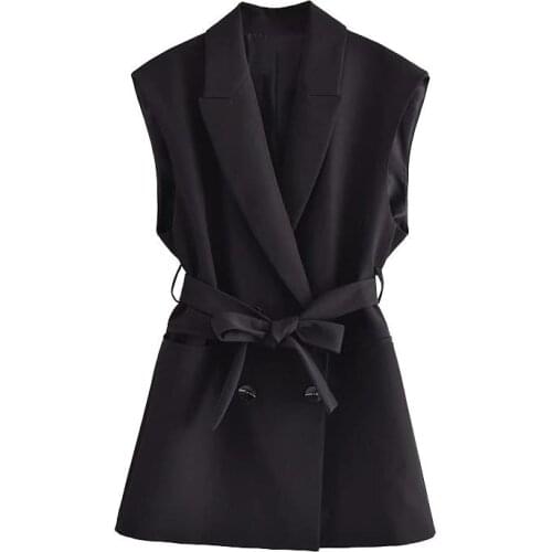 Women 2021 Fashion With Belt Double Breasted Wrap Waistcoat Vintage Sleeveless Jetted Pockets Female Vest Coat Mujer