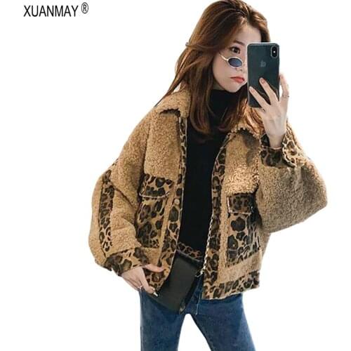 Winter Womens Loose Imitation Lambskin Cardigan Jacket Streetwear Warm Leopard Pattern Thicken Faux Fur Coat Women