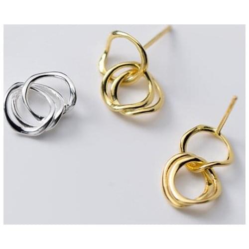 1pair 100% Real. 925 Sterling Silver jewelry White/ Golds Interlocked 3 irregular Circles dangle Earrings Long GTLE2817