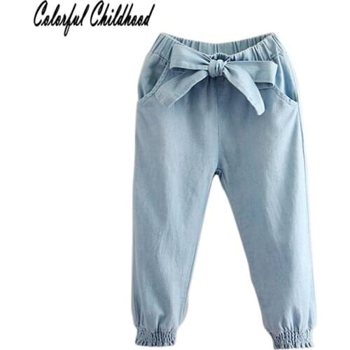 2-12 Years old Kids Pants Girl Trouser Spring Autumn Fashion Jeans Bow Light Blue Denim Straight Pants Children Pants