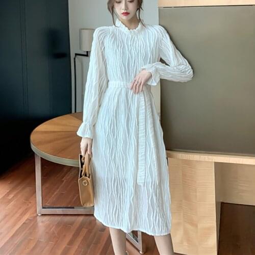 Folds O Neck Long Dresses Women Party Pullover Dresses Autumn Winter 2021 New High waist Solid Long Sleeve Women Dress 392G