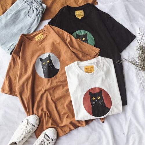 Harajuku cat cartoon cotton cute short-sleeved T-shirt female summer fashion bf couple large size M-3XL casual New T-shirt