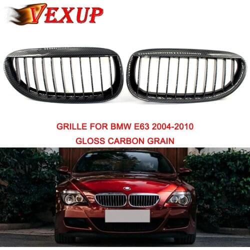 1Pair Gloss Carbon Grain Single Slat Front Bumper Kidney Grill Grille For BMW 6 Series E63 E64 M6 2004 05 06 07 08 2009 2010 ABS