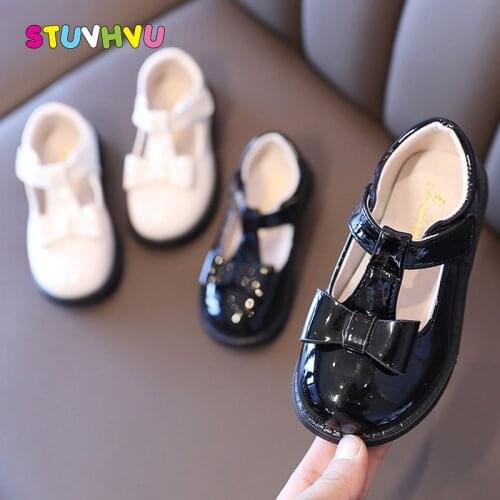 Casual Girls Leather Shoes Spring and Autumn New Bowknot Flats Toddler Girl Shoes Princess Children Single Shoes Black White