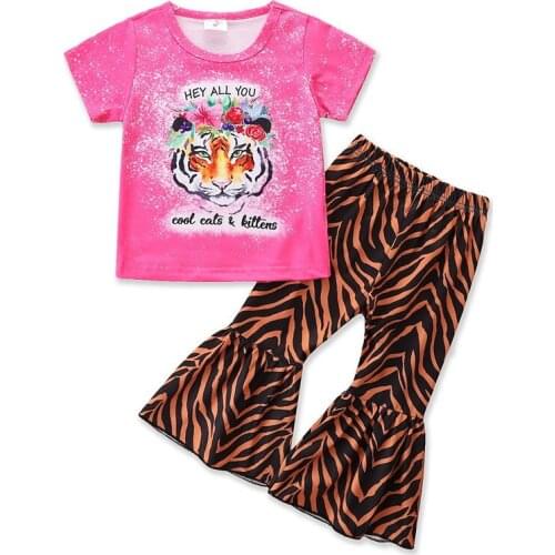 Summer Girl Set Cartoon Print T-shirt + Leopard Print Flare Bottom Pants Suits for Kids