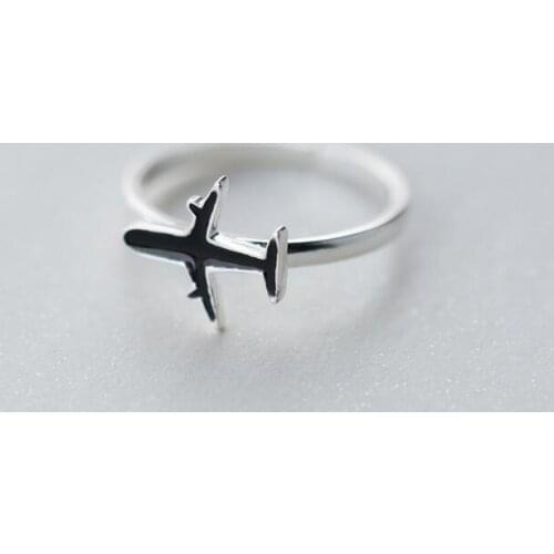 Real. 925-Sterling-Silver Black Enamel Aircraft Airplane Plane Ring jewelry adjustable GTLJ1175