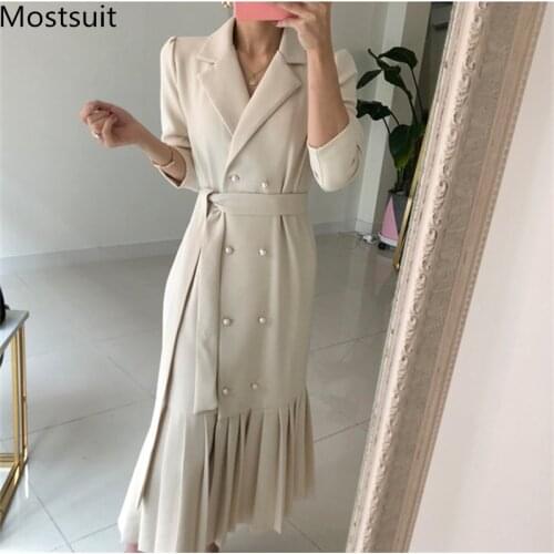 2020 Autumn Korean Office Women Suit Dress Long Sleeve Double-breasted Belted Long Pleated Dresses Fashion Elegant Ladies Vestid